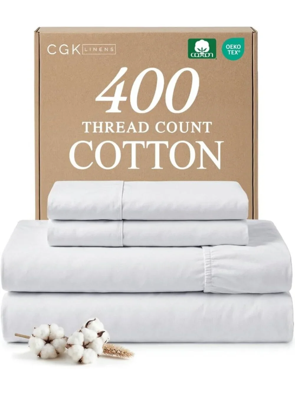Queen 4-Piece 100% Cotton Sheet Set - Soft 400 Thread Count Sateen - White